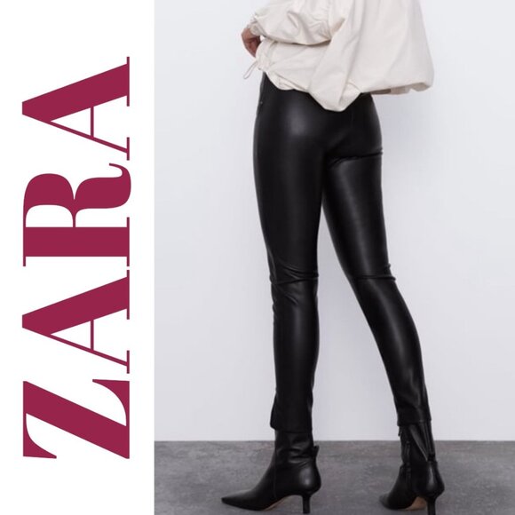 ZARA FAUX LEATHER PANTS MID RISE ANKLE ZIP BLACK GOTHCORE BIKER STREETWEAR, MED - Picture 14 of 16